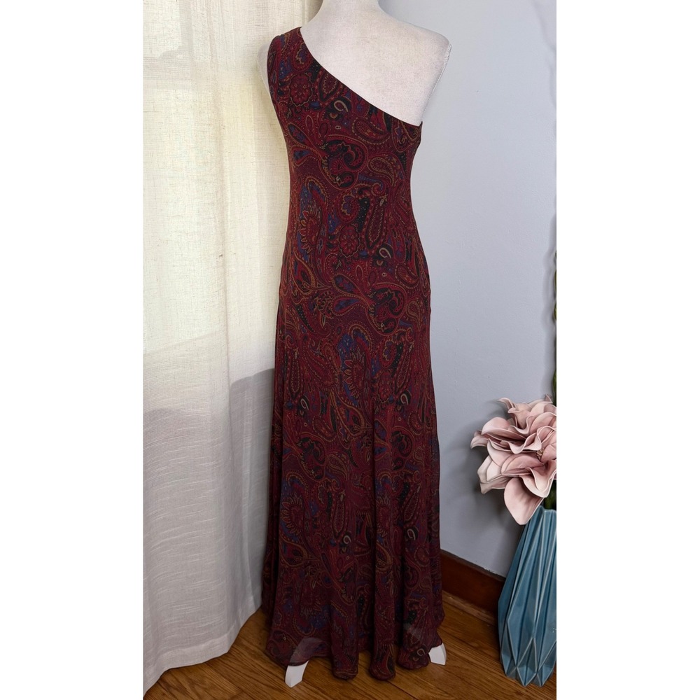 Vintage Lauren Ralph Lauren Maxi Dress Silk Paisley One Shoulder Women's Size 4 - Picture 2 of 10